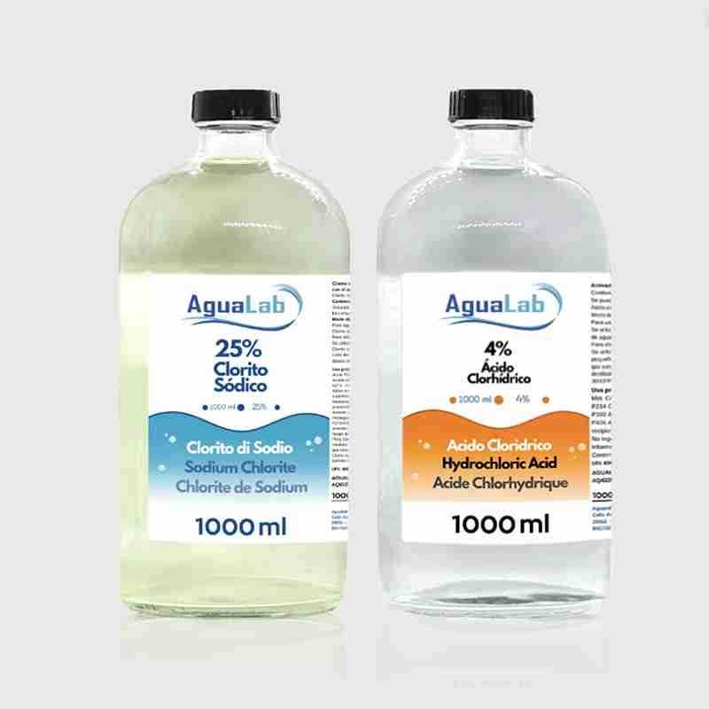 Kit Agualab Clorito Sódico al 25% y Activador Ácido Clorhídrico 4% (1000 ml) Kit Agualab Clorito Sódico al 25% y Activador Ácido Clorhídrico 4% (1000 ml)