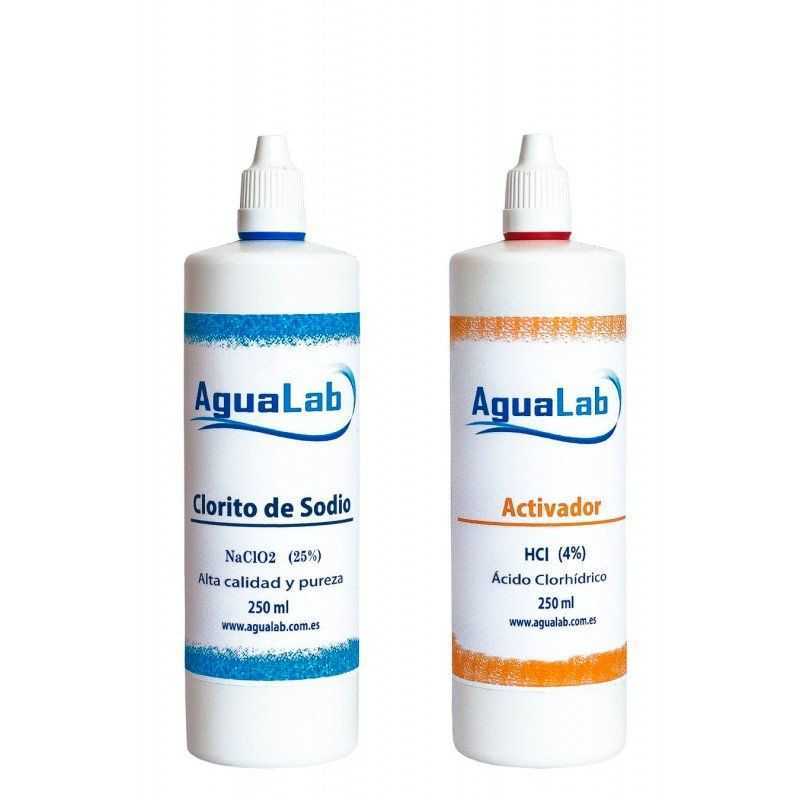 Kit Agualab Clorito Sódico al 25% + Activador Ácido Clorhídrico 4% (250 ml) Agualab - 1 Kit Agualab Clorito Sódico al 25% + Activador Ácido Clorhídrico 4% (250 ml) Agualab - 1